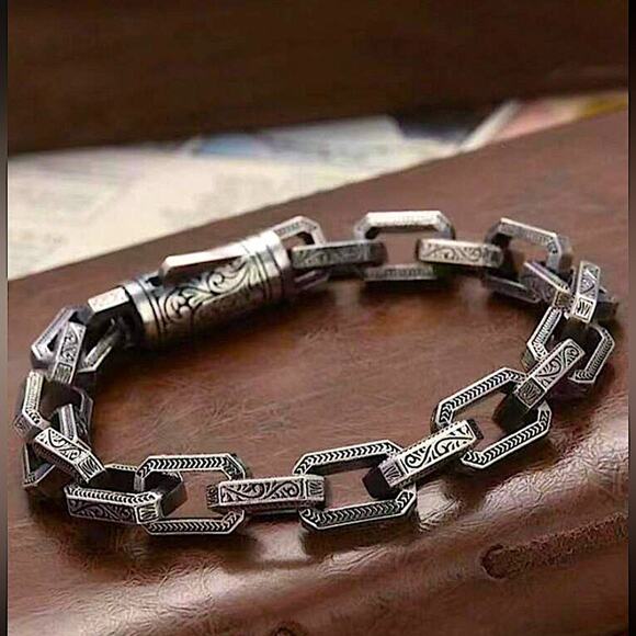 Stainless Steel Chain Link Bracelet, Mantra, Curb Hand Woven Engraved - Picture 2 of 7